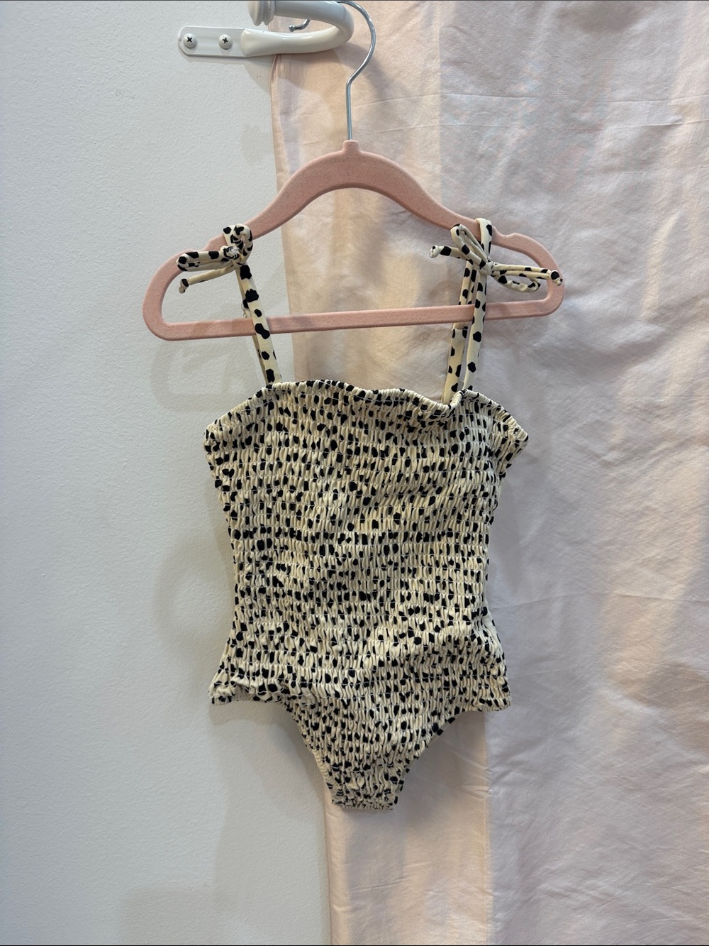 Smocked Tie-Shoulder One-Piece Swimsuit in Cream with Black Dot Print
